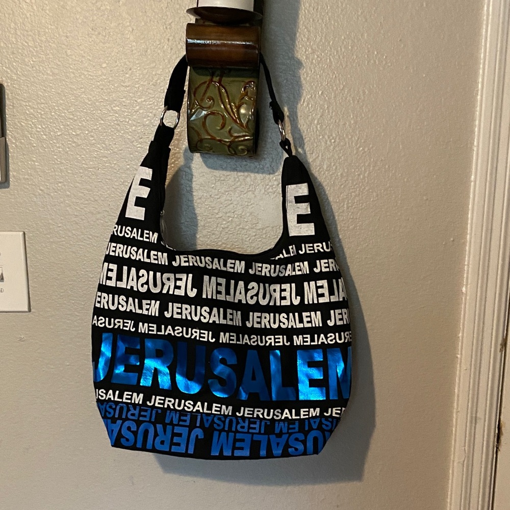 Black Messenger Bag with Metallic Blue 'Jerusalem' Accent